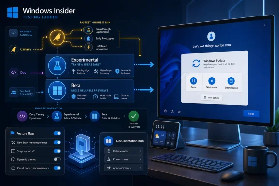 Windows Insider testing ladder diagram displayed on a monitor, with a Windows setup app on screen.
