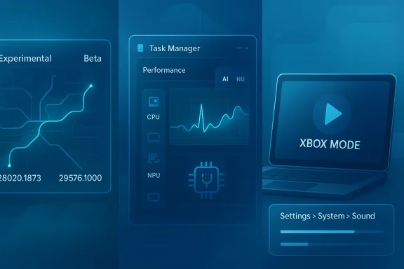 Blue futuristic UI mockups show Task Manager performance graphs, Xbox Mode, and sound settings.