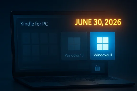 Laptop screen shows Kindle for PC with Windows 10/11 options and a “JUNE 30, 2026” date banner.