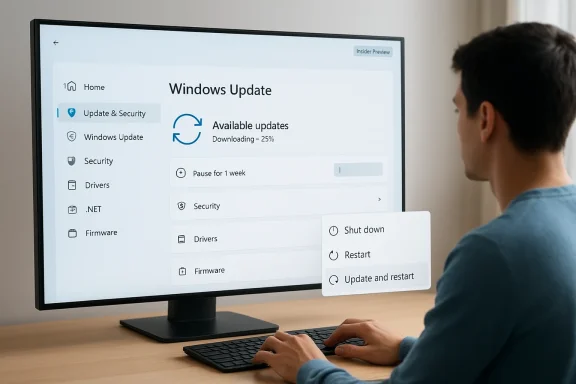 A person checks Windows Update on a desktop monitor showing 25% downloading and update options.