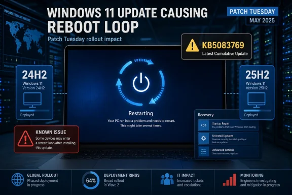Windows 11 Patch Tuesday poster warning KB5083769 may cause a restart loop on May 2025.