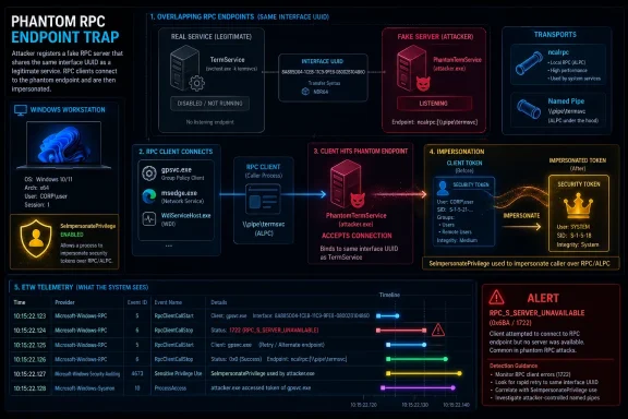 Diagram illustrating a “Phantom RPC Endpoint Trap” where an attacker impersonates an RPC endpoint via named pipes.