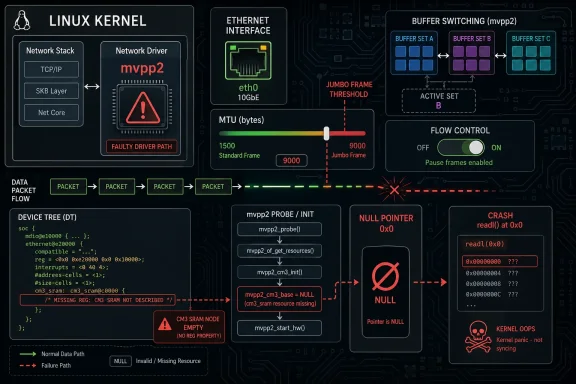 Infographic showing Linux kernel Ethernet driver (mypp2) buffer switching with an error leading to a NULL pointer crash.