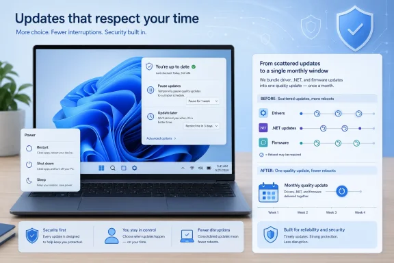 A laptop displays Windows update controls with security and monthly scheduling graphics beside it.