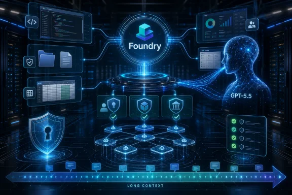 Futuristic AI “Foundry” hub with server dashboards, security shields, and a neural head labeled GPT-5.5.