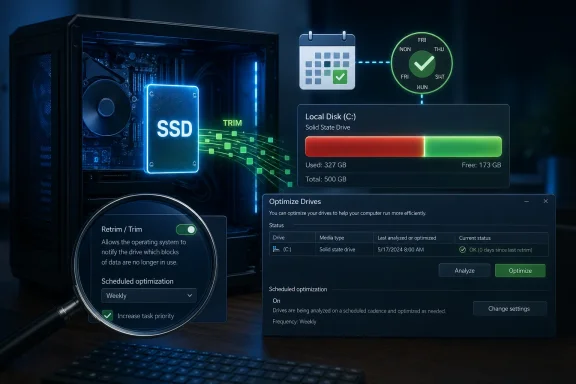 SSD and drive optimization interface shown over a glowing PC interior, with local disk usage stats.
