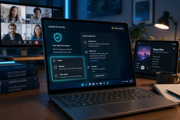 Laptop shows an “Update & Security” screen with options to power, restart, or schedule updates during a video call.