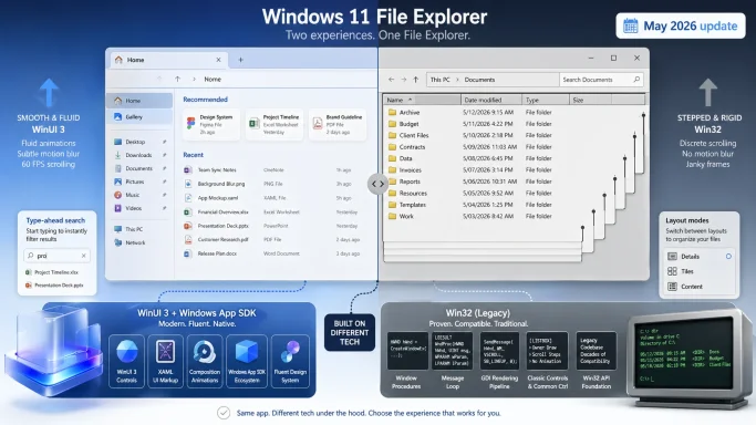 Promotional graphic comparing Windows 11 File Explorer’s smooth WinUI 3 vs legacy Win32 interfaces, with May 2026 update.