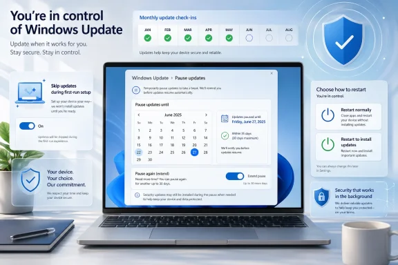 Windows Update control screen on a laptop, showing monthly check-ins and pause/restart update options.