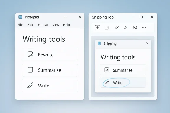 Two Windows app mockups showing “Writing tools” and “Snipping Tool” options like Rewrite, Summarise, and Write.