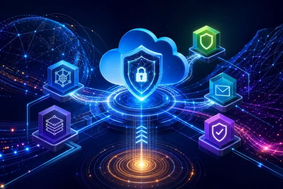 Glowing 3D cloud security icons with shields and lock over a futuristic network grid.