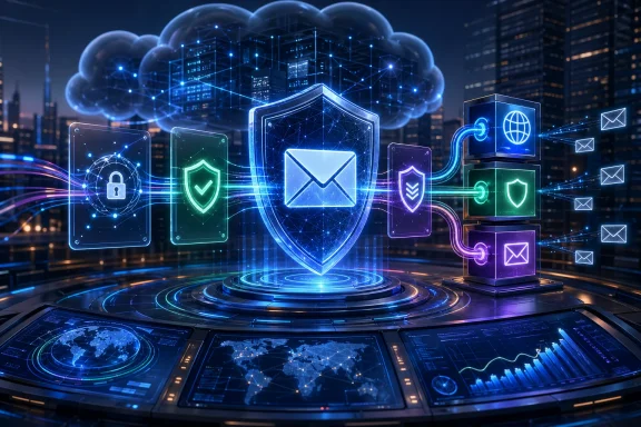 Futuristic cloud security hub with glowing shield and email icons amid a neon cityscape.