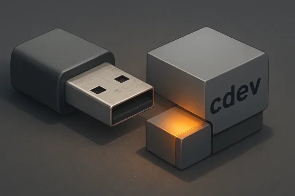 Two gray “cd ev” adapters connected to a USB-A plug with a glowing orange cube.