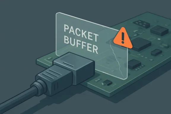 Illustrated cybersecurity warning showing “PACKET BUFFER” with an orange alert triangle over network hardware.