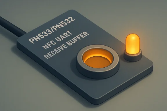 Futuristic access keypad panel labeled PN6533 Nfc UART and Receive Buffer with an illuminated button.