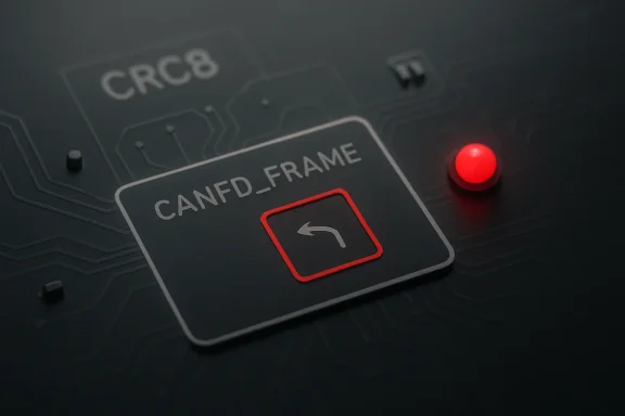 Circuit board with a “CANFD-FRAME” label and a glowing red indicator button.