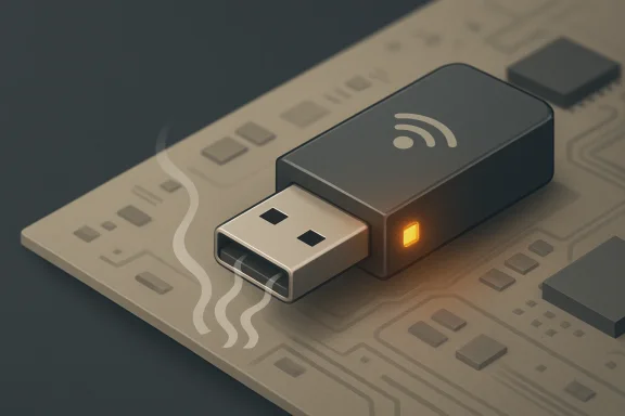 Close-up of a wireless USB adapter with a glowing indicator on a circuit board.