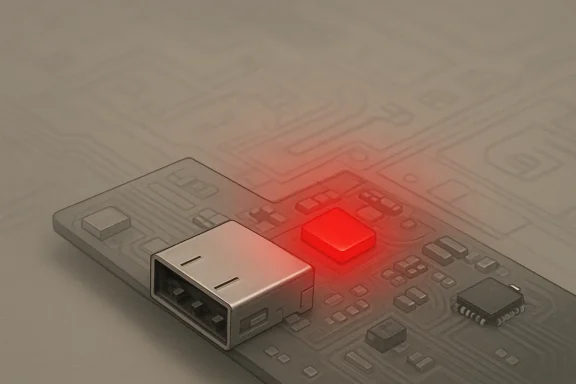 Silver USB connector on a patterned circuit board with red glowing microchip lighting.