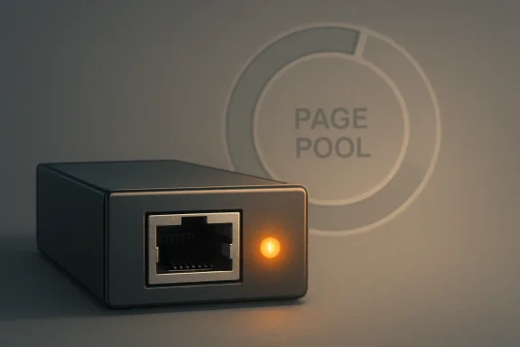 Network switch with an active link light and a “PAGE POOL” indicator in the background.