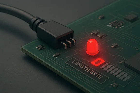An Ethernet circuit board has a glowing red power LED and connector with an “LENGTH BY TE” marking.