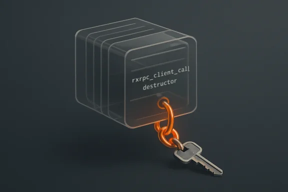 Abstract locked database stack with an orange chain and key labeled “rxrpc_client_call destructor.”