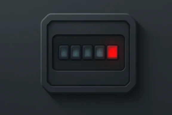 Dark console panel with four buttons, the rightmost lit red.