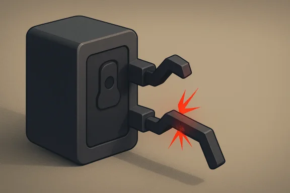 Close-up of a black desktop lock mechanism with a red arrow indicating the release point.