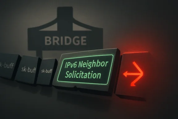 Network router status lights showing “IPv6 Neighbor Solicitation” behind a “BRIDGE” label.
