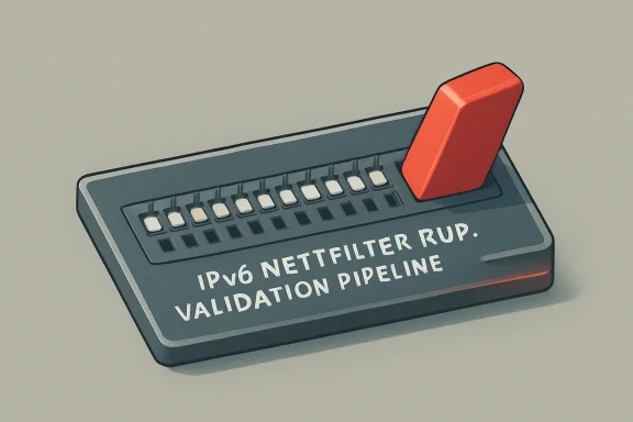 Close-up of a mock firewall card labeled “IPv6 NETTFILTER RUP” with a red control switch.