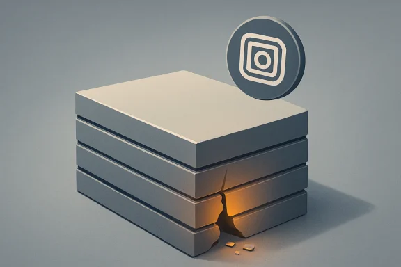 Abstract stack of gray books with glowing cracks and an Instagram-style icon above.