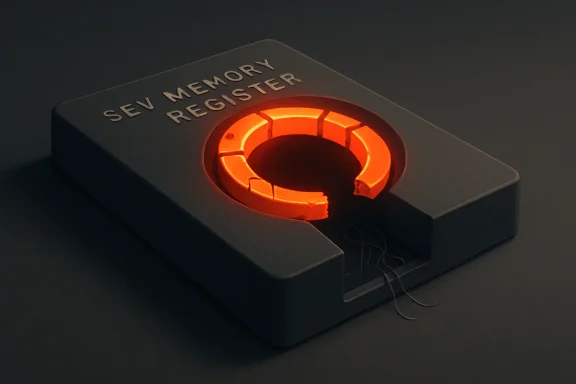 Close-up of a “Sev Memory Register” device emitting glowing orange circuitry.