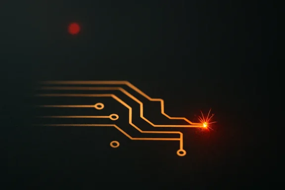 Close-up of a glowing orange circuit board with a bright red spark near the right edge.
