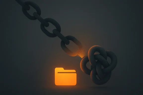 Glowing file-folder icon chained to heavy links in a dark, orange-lit design.