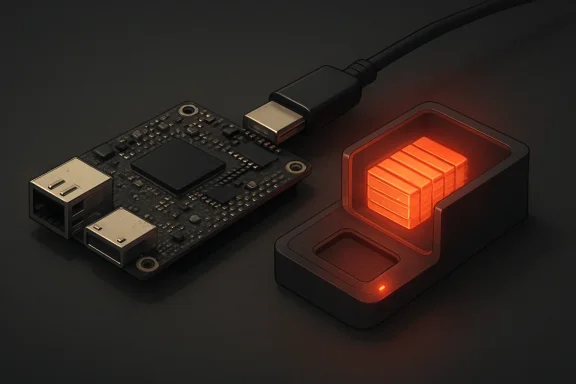 A motherboard with USB ports is connected to a lit card-reader device via a cable.