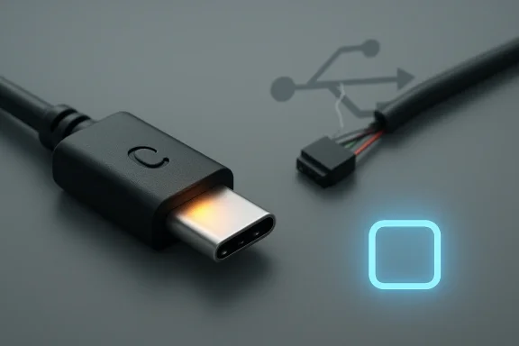 USB‑C connector with glowing port and schematic diagram on a gray background.