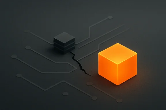 Orange cube connected to a circuit board, highlighting data flow with a dark network background.