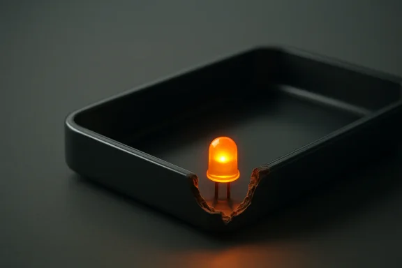 Close-up of a black smartphone with a glowing amber warning LED lit from a damaged corner.