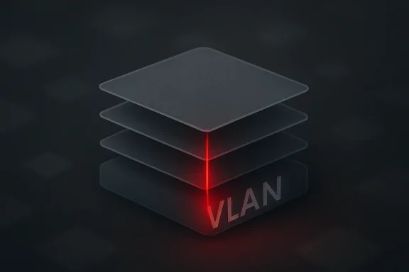 Stylish 3D “VLAN” block stack with glowing red light beams on a dark background.