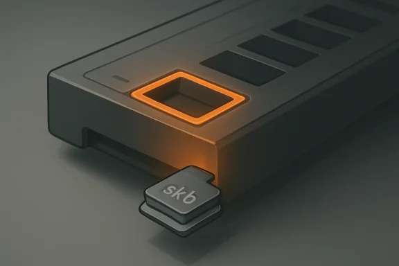 SK6 device with glowing orange square power button and remote icon on a dark product panel.