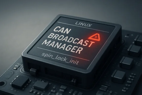 Close-up of a device display reading “CAN BROADCAST MANAGER” on a Linux system.