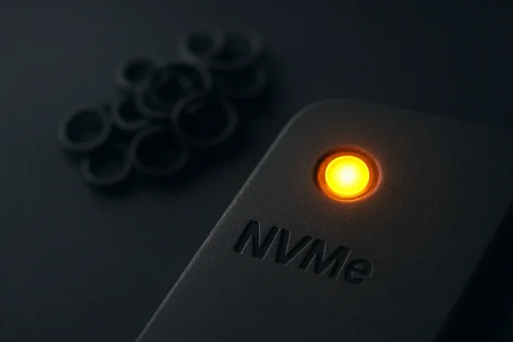 Close-up of a device’s power button glowing orange-yellow with “NWIMe” embossed below.
