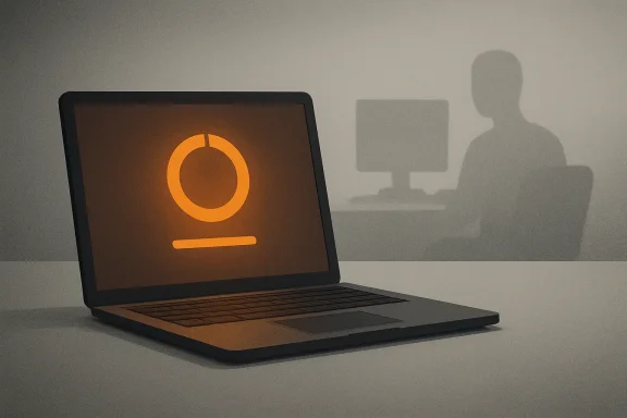 A laptop on a desk shows a loading spinner while a user icon appears on the screen.