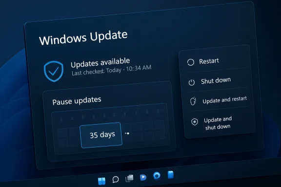 Windows Update screen shows updates available with options to restart, shut down, or pause for 35 days.