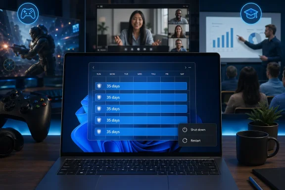 Modern office with a laptop displaying subscription “35 days” and shutdown/restart options, alongside video calls and analytics.