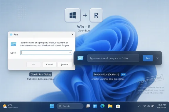 Windows 11 Run dialog shown with classic and modern (optional) launcher-style interfaces on a blue background.