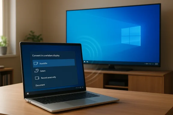 Laptop and desktop monitor show a Windows interface in a modern home office.