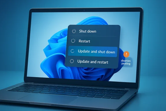 Laptop screen shows Windows shutdown/restart options over a blue desktop background.
