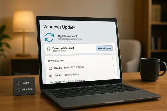 A laptop on a desk shows the Windows Update screen in a cozy home setting.