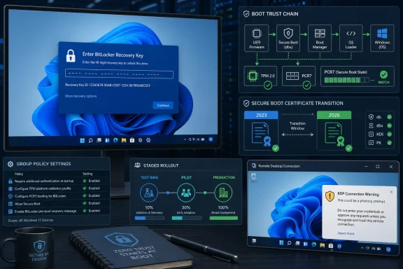 Cybersecurity dashboard shows BitLocker recovery key entry and secure boot trust chain setup for Windows 11 devices.