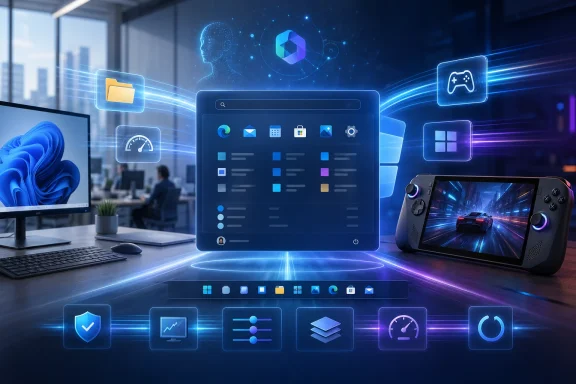 Futuristic office setup with holographic computer interface, cloud tech icons, and a gaming handheld.